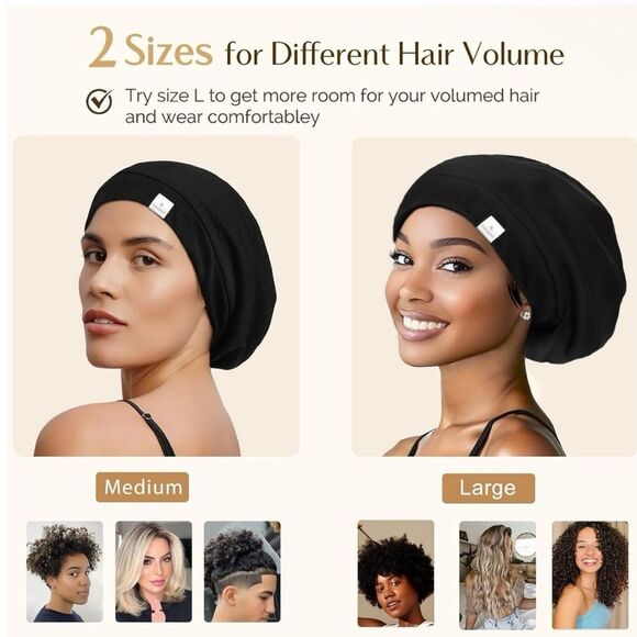 🤯5/$20🤯 Slouchy Beanie Hat Satin Lined Sleep Cap Satin Bonnet In Black - Picture 4 of 6